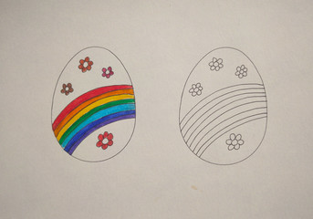 Rainbow hand drawn Easter colorful eggs,  felt tip on paper, white background