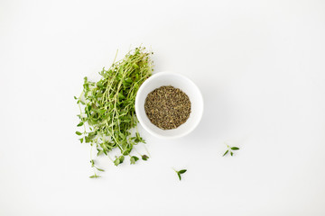 greens, culinary and flavoring concept - bunch of fresh thyme herb and dry seasoning in cup on white background