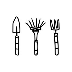 Set small tools for gardening shovel rake in hand drawn doodle style isolated on white background. Vector outline stock illustration. Sign