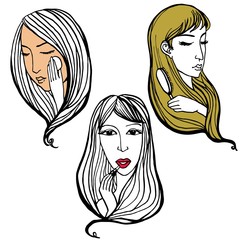 Female faces set contours color hand drawing fashionista make-up facial hair style