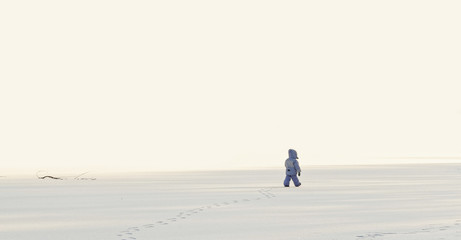 little lonely boy in winter on ice in the snow