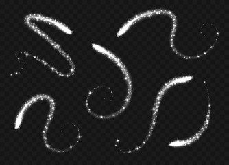 Silver magic swirls collection isolated on transparent background. White light trails with sparkles, glowing light effect, shiny stardust. Vector illustration. © Likanaris