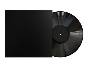 Black Vinyl Disc Record with Black Cover Sleeve and Black Label . 3D Render Isolated on White Background.