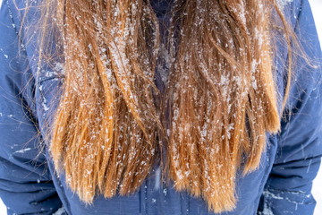 Woman's hair covered with snow. Hair care concept. Hair protection concept. Snow on long hair.