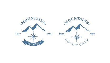 Set of color logos adventure in the mountains .Vector illustration of a mountain, compass and text on a white background. Illustration advertises a trip to the mountains. © Evgeniy