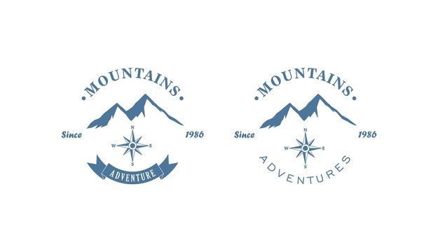 Set of color logos adventure in the mountains .Vector illustration of a mountain, compass and text on a white background. Illustration advertises a trip to the mountains.