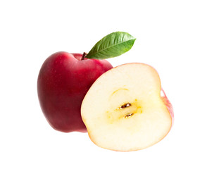 Red apples isolated on white background. Ripe fresh apples Clipping Path. Apple with leaf