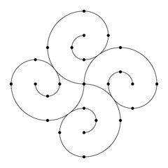 Abstract geometric symmetric symbol, isolated on white background. Black linear shapes with points in the joints. Linear logo. Sacred geometry sign. Spiral element. Elegant tattoo art. Vector elements