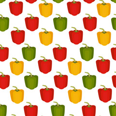 Red, green and yellow peppers seamless pattern on white background.