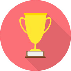 Vector flat Trophy icon isolated on red background and having shadow. Indicates success, an awards or recognition as a winner. Suitable for artwork in business, education, and sports.