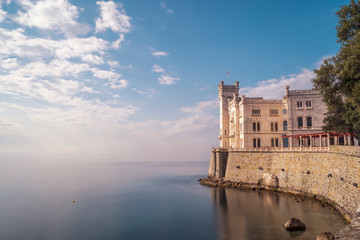 View of Miramare castle on the gulf of Trieste, Italy - obrazy, fototapety, plakaty