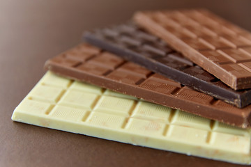 sweets, confectionery and food concept - milk, dark and white chocolate bars on brown background