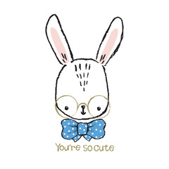 Cute Bunny Portrait in Glasses. Hand Drawn Lettering