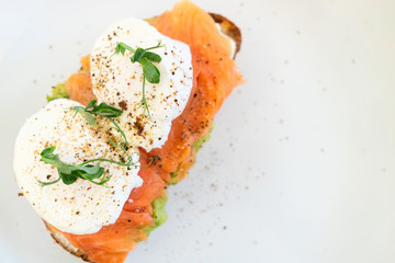 Healthy food. Sandwich with slightly salted salmon: grain bread, cream cheese, guacomolla cheese, fish, poached egg, avocado, greens over white background.