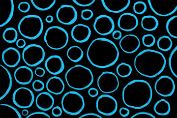 Blue rounds, circles and rings on the black background. Abstract hand-drawn illustration of uneven hapes 