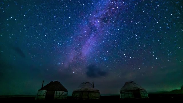 Night scene of the Milky Way over Mongolian central asia yurts landscape. Time lapse video