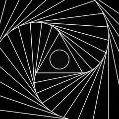Fractal spinning white pattern with a triangle and a circle in the center on a black background. Vector illustration.