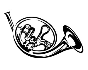 antique french horn black and white vector outline - brass wind musical instrument simple design