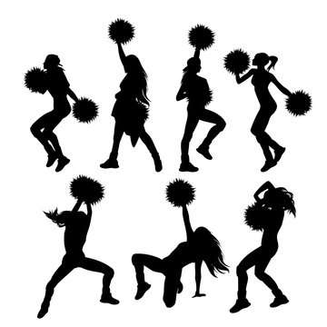 group of teenage girls with pom-poms performing cheerleader dance - black and white female vector silhouette set