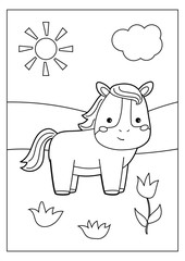 Coloring page of book for preschool children. Cute cartoon kawaii horse. Farm animals. Educational game.