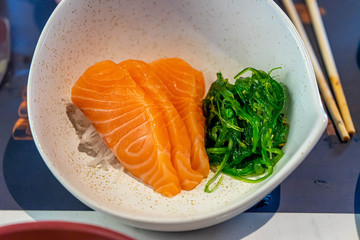 Salmon sashimi japanese food, traditional gourmeteat.