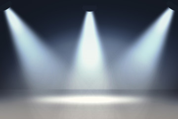 Blue Light Beam. Spotlight blue rays room studio background. Creative scene illumination light effect backdrop with rays. Interior shined with a projector. 3D render