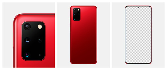 Mock-up smartphone Red color. Back side smartphone with camera and blank screen smartphone for your design. Vector illustration EPS10