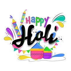 Colorful Happy Holi Font with Color Bowls, Water Gun (Pichkari) and Arc Drops on White Background.