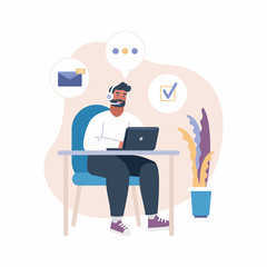 Vector illustration of man with headset working with laptop. Call center with CRM illustration