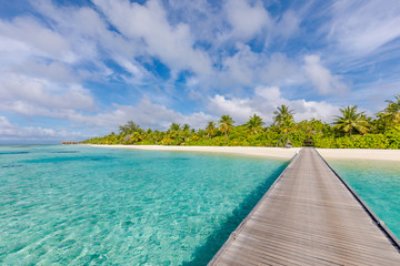 Tropical beach, Maldives. Jetty pathway into tranquil paradise island. Palm trees, white sand and blue sea, perfect summer vacation landscape or holiday banner. Beautiful tourism destination, Maldives