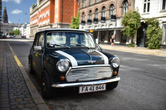 Copenhagen / Denmark - 07.23.19: Old Model Car Of Rover Cooper Mini Sport Mk VII On City Street