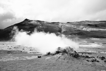 Iceland volcanic activity. Black and white vintage style photo.