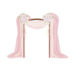 Graphic Illustration of Wooden Arch with Pink White Chiffon Drapes and Flowers