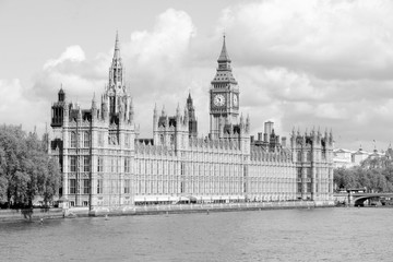 Palace of Westminster. Black and white retro style photo.