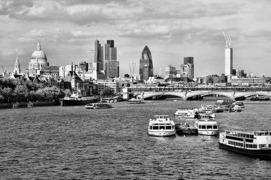 London city skyline. Black and white vintage style photo.