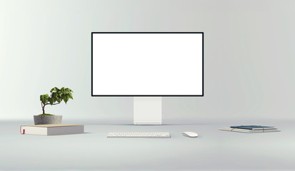 New desktop computer pro display with keyboard and mouse on background. Blank flat monitor screen. Modern creative workspace background. Computer front view.