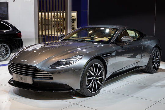 Aston Martin DB11 Grand Tourer Coupe car showcased at the Brussels Motor Show. BRUSSELS - JAN 10, 2018.