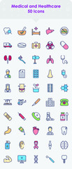 Fototapeta premium Medical and Healthcare Vector Color Line Icon Set, Physician Office Equipment on White Background, Human Body Parts Concept, Hospital Supplies Symbol, 