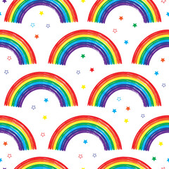 Naklejka na ściany i meble Seamless pattern with rainbows and stars on white background for textiles, print design, website background.