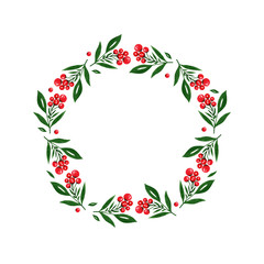 Wreath with red berries and green leaves, isolated on white background. Hand drawn watercolor illustration. Design for invitation, wedding or greeting cards.