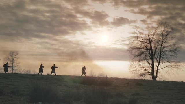 Battlefield scene. Silhouettes of soldiers fighting on East Front during World War II.
Soviet Union, CIRCA 1941-1943
