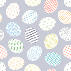 Cute pale gray blue Happy Easter seamless pattern with white decorated eggs. Bright colorful ornamental egg texture for Easters package, gift wrapping paper, textile, covers, background
