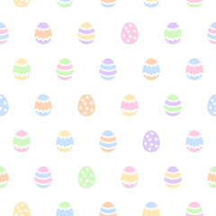 Fototapeta na wymiar Painted Easter, Paschal eggs seamless vector pattern. Simple colorful tiny eggs regular texture. Flat design spring holiday background. Multicolor template for cards, greetings. Soft pastel colors.