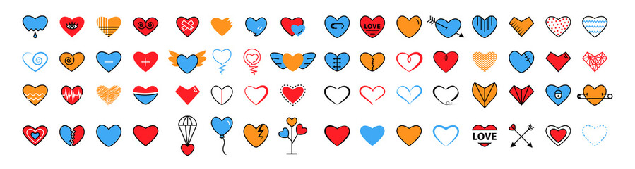 Heart icon big set in flat and line icon style