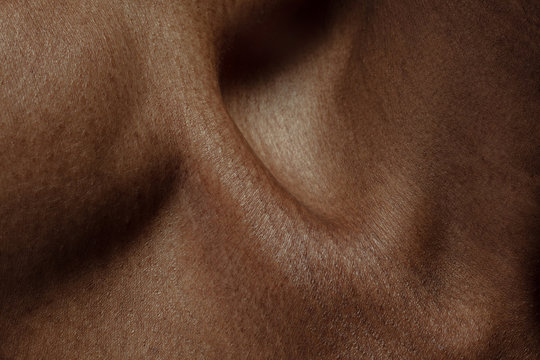 Collarbones. Detailed texture of human skin. Close up shot of young african-american male body. Skincare, bodycare, healthcare, hygiene and medicine concept. Looks beauty and well-kept. Dermatology.