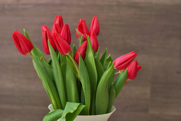 Beautiful spring bouquet of red tulips with green leaves in white vase on the wooden background wit free copy space in the right. Spring holidays gift card concept