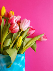 Spring holiday bouquet for Women's Day. Flowers in eco-friendly textile packaging. Concept without plastic. Multi-colored tulips in a woven bag on a pink background. Vertical orientation