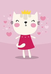 Little white kitty princess with crown on a background with hearts. Happy Valentines day, wedding, dating and love flat vector illustration