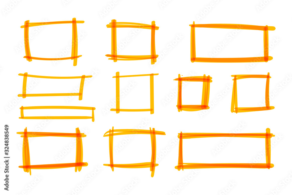 Wall mural vector hand drawn by a yellow highlighter marker square blank frames set isolated on white backgroun