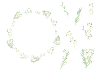 A wreath of delicate spring plants and flowers in doodle style on a white background. Natural Branches and Bouquets. Muted pastel greens and yellows. Vector stock illustration.